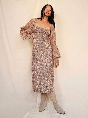 Free People Aglow Midi Dress Tea Combo Floral Brown Cut Out Boho Smocked Small